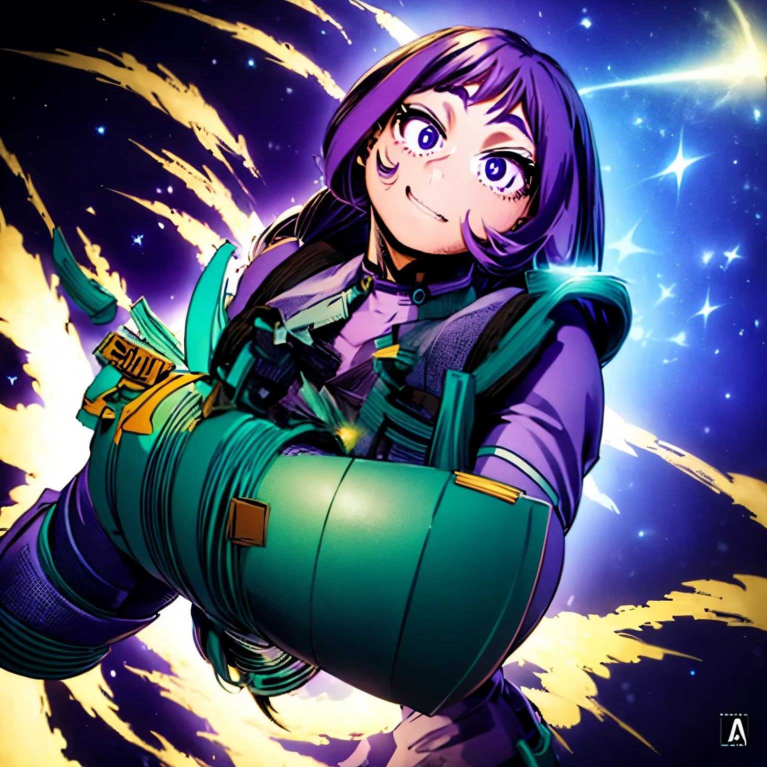 chica, Dark brown hair, medio largo que fluye, ojos cafe oscuro,black heroic costume with purple and stars, Boku no hero academia style, el fondo es un cielo despejado con luces parpadeantes, dynamic angle, sonrisa