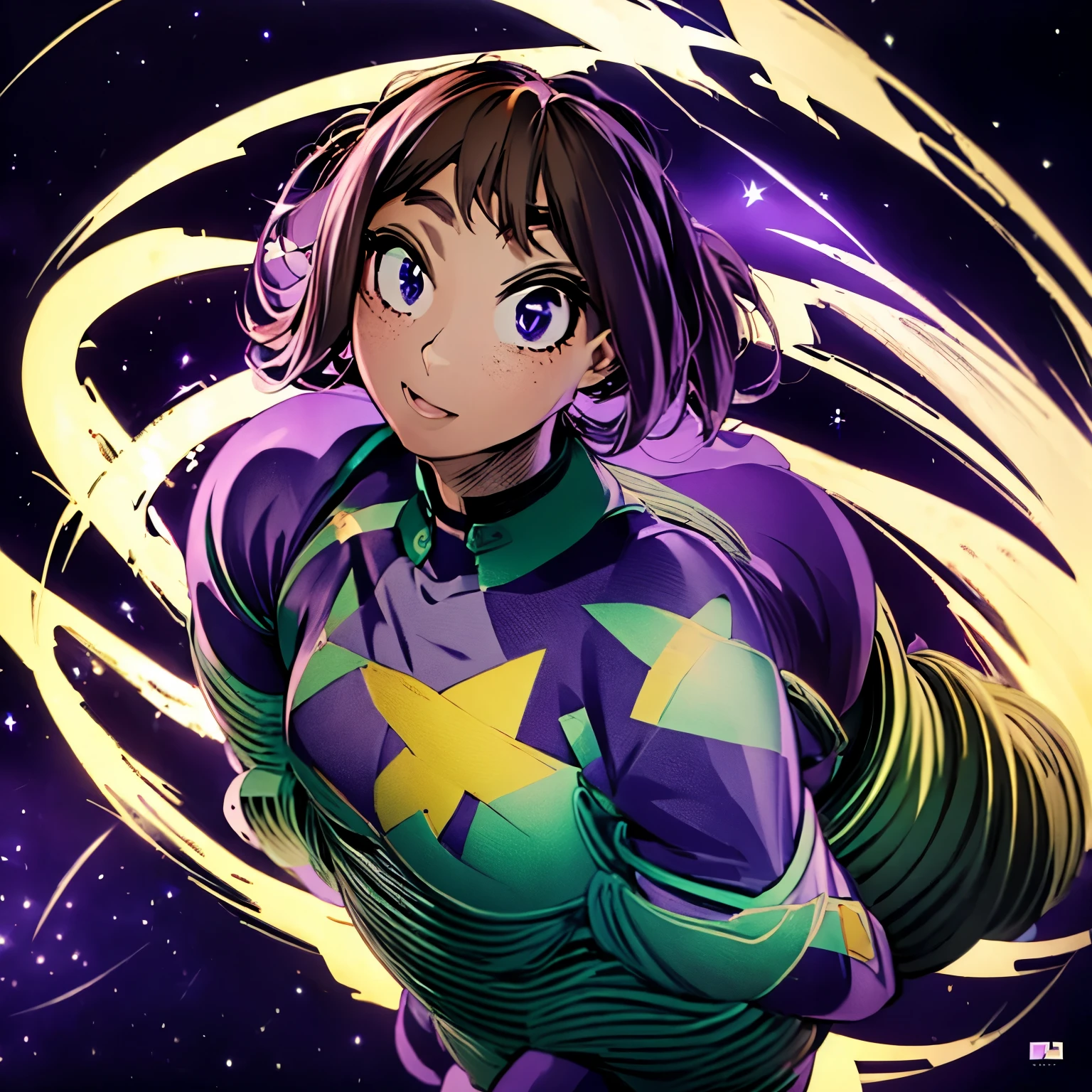 chica, Dark brown hair, medio largo que fluye, ojos cafe oscuro,black heroic costume with purple and stars, Boku no hero academia style, el fondo es un cielo despejado con luces parpadeantes, dynamic angle, sonrisa