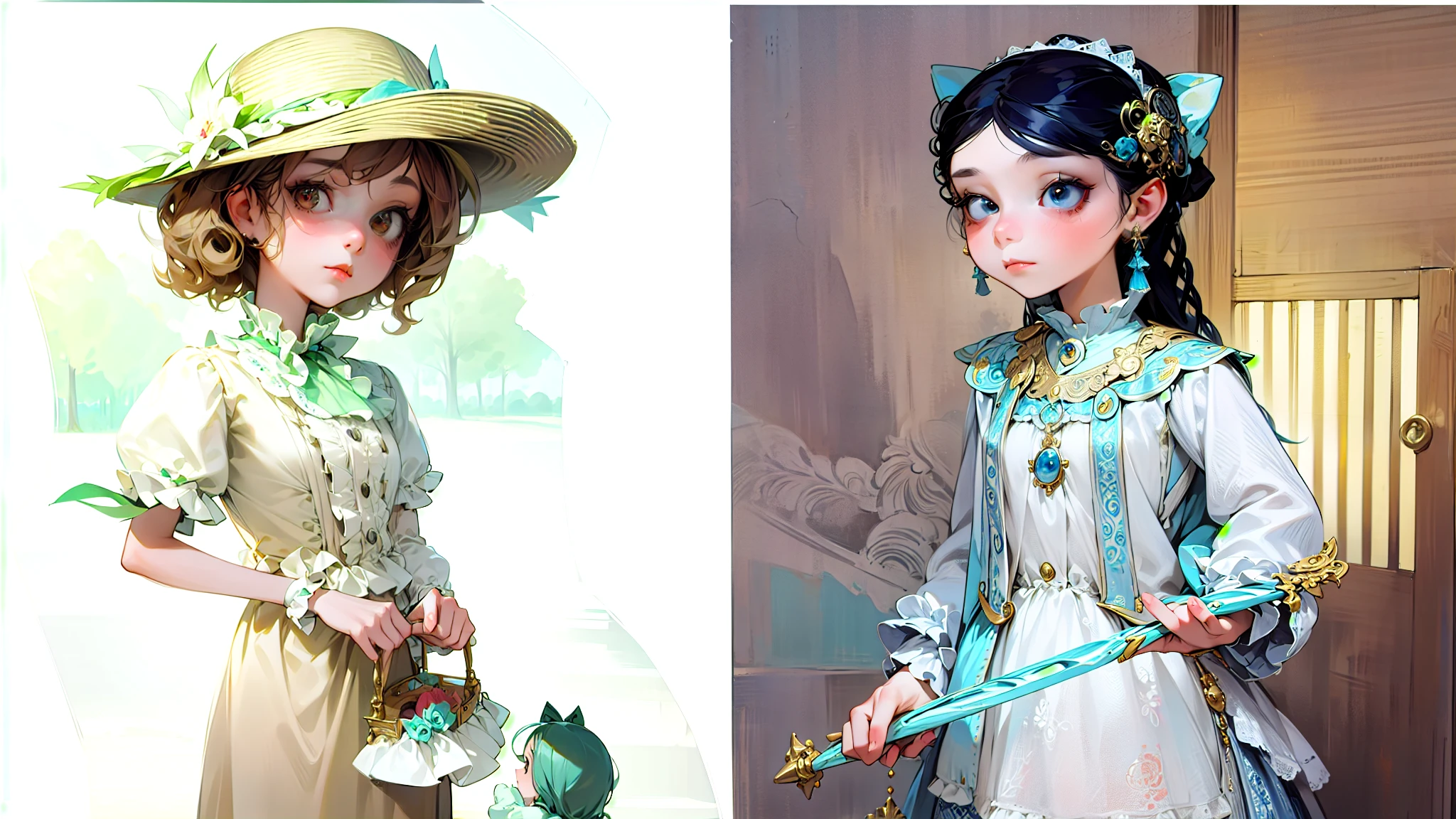 There are two photos of women wearing skirts and hats,,Very detailed, Rococo Mark Ryden style, wlop loish and clip style, two different roles,Looking directly at the camera,