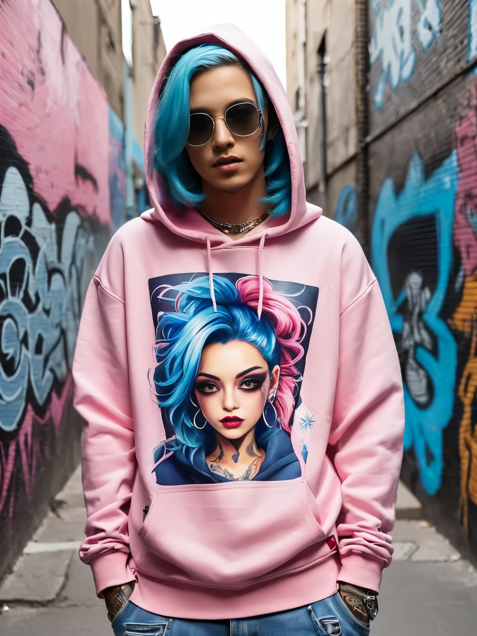 a man with blue hair usando una sudadera con capucha rosa and sunglasses, moda urbana, wearing ropa de calle ciberpunk, ropa de calle ciberpunk, usando una sudadera con capucha rosa, mujer en ropa de calle, ella lleva ropa de calle, ropa de calle, vistiendo una sudadera con capucha rosa pastel, chica con sudadera con capucha, estilo de arte de dibujos animados, estilo de dibujos animados, Beeple y Jeremías Ketner, pink iconic character, ropa de calle, ropa de calle