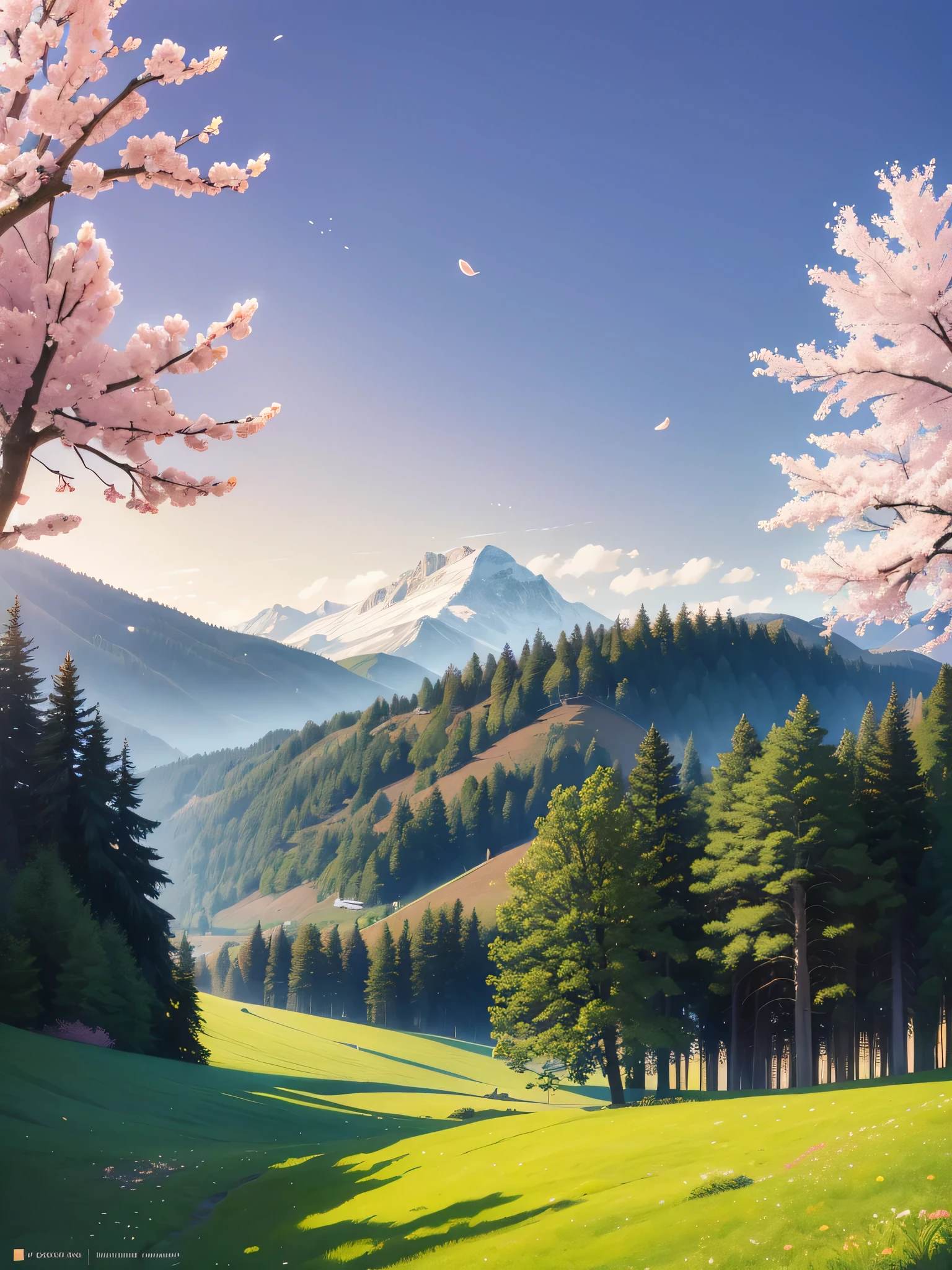 
Samivel vector drawing, Retro poster, vector poster, green mountains, British Columbia landscape, evergreen trees, Inspired by Samivel. pastel colors, soft colors, muted colors, no people, no figures, high quality, very detailed, landscape, wide angle, cherry blossom trees, cherry blossoms in foreground 