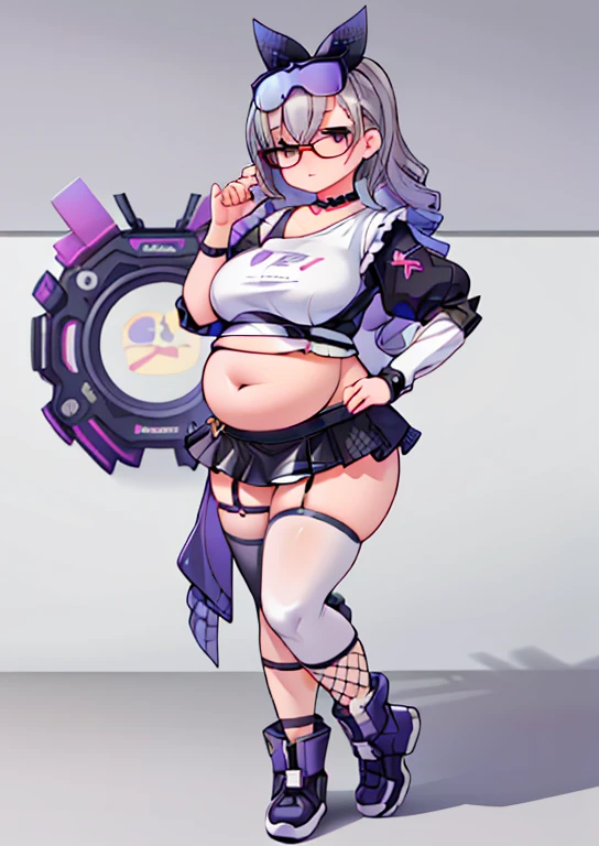 (masterpiece, best quality, highly detailed), 1girls, big belly, blurry background, huge belly, art by kipteitei, round belly, chubby, curvy, simple_background, gradient_background, belly grab, enormous belly, fat belly, thicc, bigger belly, really big belly, jiggly belly, shirt covering belly, belly cover by shirt, glasses, ((lolita)), casual clothes, skirt, thighhighs, ((full body)), long hair