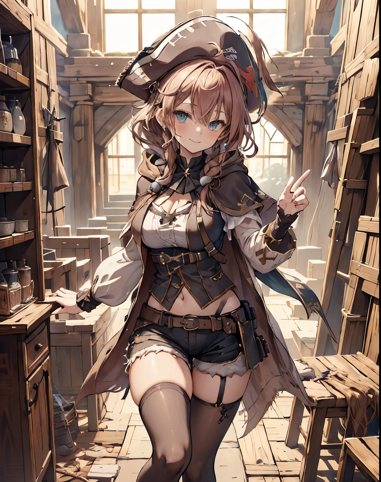 masterpiece, 1girl, sparrow, a red haired girl, wearing a white medieval pirates clothes, curly medium hair, messy hair, slim body, wearing brown capelet with hoody, he close her left eye, shirt ornament, aqua eyes, sho show her back, ahoge, black vest, baby face, big breast, beautiful breasts, rounded breasts, braid hair, pirates hat, long sleeves, beautiful eyes, white stocking, droopy eyes, shorts, her age is 19 years old, seductive smile, priest chair