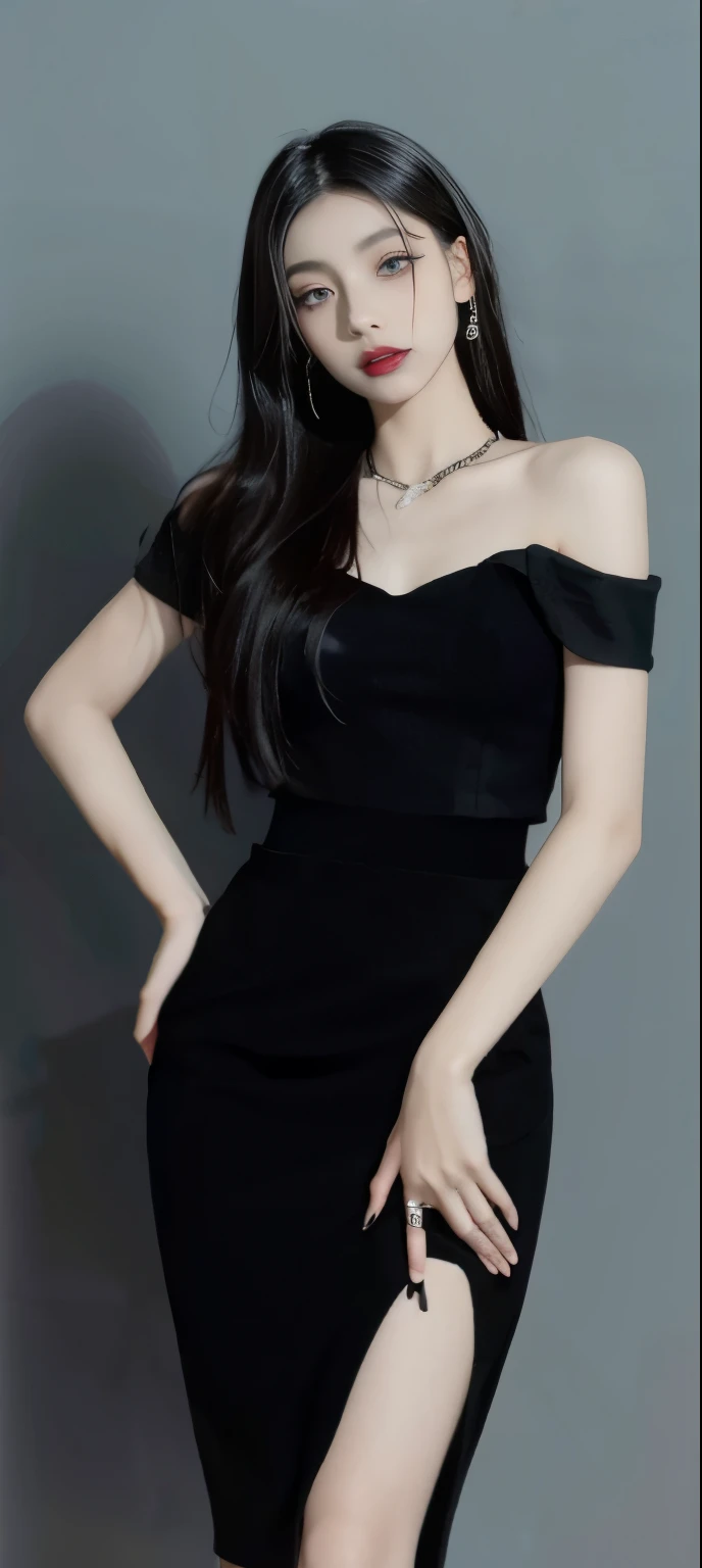 araffe woman in a black skirt posing for a picture, dark dress, wearing black skirt, black skirt, she is wearing a black skirt, wearing a dark dress, wearing a black skirt, dark black skirt, stylish dark dress, Brutal Korean Goth Girl, wearing a tight black skirt, Cui Xianhua, Dark gothic dress, beautiful woman in a black skirt