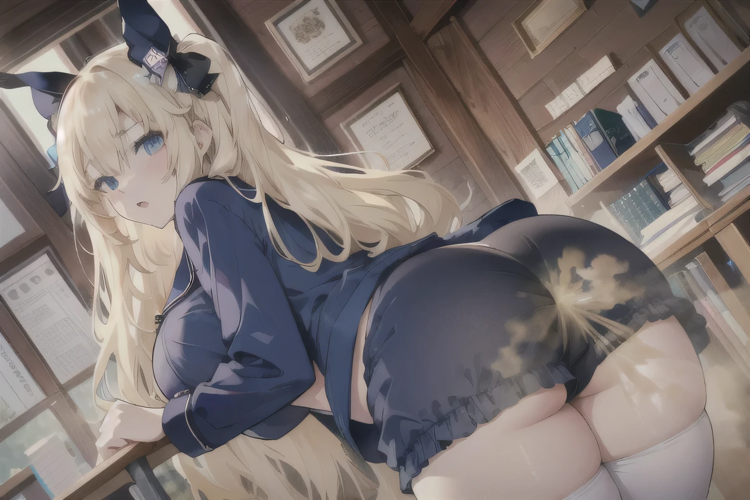 excellent quality，figure，8K，High resolution,(((anime girl))),((table top)),highest quality, Highly detailed CG Unity 8k,(( 1 girl)), (beautiful),figure, beautiful excrement, complex pattern,character focus,full of bad odor,Wearing dark blue loungewear shorts,think back,(Focus on the fart),(((Concentrated Fart))), ,(((fog in girls' underwear))),(fog in girls' underwear),(((Farts coming out of a girl&#39;s underwear))),((Steam coming from girls&#39; underwear ),(Steam coming from girls&#39; underwear),hip attack,push your hips up,A girl is farting out of her underwear,(((Fantasy fog))),leaning forward,(focus yellow_fog),((turn around))),yellow fart,(((with a girl))),(((alone))),((face)),Quiet,wearing white ,((big and full breasts),,((blonde hair)),((long hair)),(straight hair))),(((seductive))),(Moist eyes),thick tight,That face was directed at me,odor,Lance,(((The girl is in the classroom)),((classroom)),(((Stand with your back hunched))),Muchimuchi's body，(((glamorous body))),NSFW,Huge ,thighs thighs thighs,Intense farts,(((The girls are excited about this))),big butt,focus on the butt,Panty shot,pantyhose,Moe sleeve,(Wearing a navy blue cardigan),((((Wear blue loungewear)))),((),,((Loungewear Shorts))),(((natural girl))),((please open your mouth a little)),),My cheeks turned red,white tights,Powapowa,(((white underwear))),(((Mature face)))