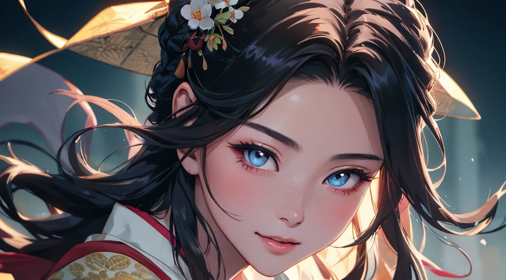Beautiful Asian woman with a flirting smile, A super ronin wearing a golden lace kimono, Meiji Restoration, blue eyes, Focus on the audience, state's, split, Put down your shoulders, HD, UHD, Wallop, artistic sprout, braid hairstyle, anime big eyes, realistic eyes, Very detailed目, natural skin, natural skin texture, Scattered under the surface, calm colors, skin pores, perfect face, perfect eyes, perfect lips, Soft female form, outstanding, cinematic, Cinema lights, Very detailed, surreal, masterpiece, in the atmosphere, High resolution, Lively, high contrast, Vignetting, 8K, HDR, 500 pixels, Look from above, bust