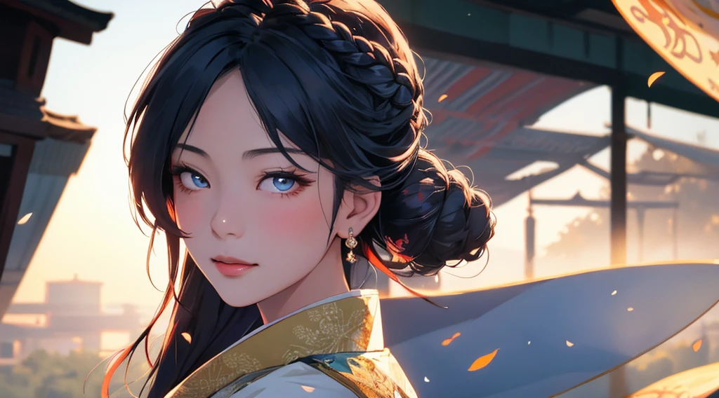 Beautiful Asian woman with a flirting smile, A super ronin wearing a golden lace kimono, Meiji Restoration, blue eyes, Focus on the audience, state&#39;s, split, Put down your shoulders, HD, UHD, Wallop, artistic sprout, braid hairstyle, anime big eyes, realistic eyes, Very detailed目, natural skin, natural skin texture, Scattered under the surface, calm colors, skin pores, perfect face, perfect eyes, perfect lips, Soft female form, outstanding, cinematic, Cinema lights, Very detailed, surreal, masterpiece, in the atmosphere, High resolution, Lively, high contrast, Vignetting, 8K, HDR, 500 pixels, Look from above, bust