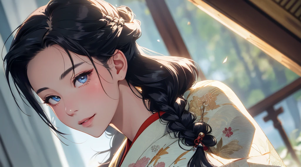 Beautiful Asian woman with a flirting smile, A super ronin wearing a golden lace kimono, Meiji Restoration, blue eyes, Focus on the audience, state's, split, Put down your shoulders, HD, UHD, Wallop, artistic sprout, braid hairstyle, anime big eyes, realistic eyes, Very detailed目, natural skin, natural skin texture, Scattered under the surface, calm colors, skin pores, perfect face, perfect eyes, perfect lips, Soft female form, outstanding, cinematic, Cinema lights, Very detailed, surreal, masterpiece, in the atmosphere, High resolution, Lively, high contrast, Vignetting, 8K, HDR, 500 pixels, Look from above, bust