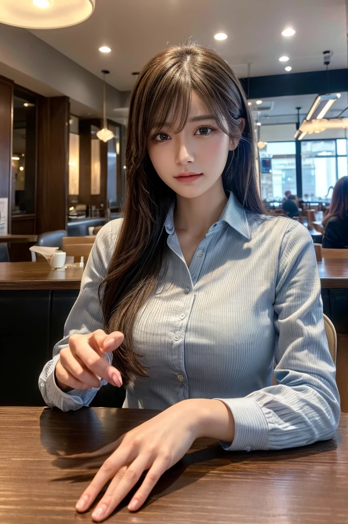 table top, highest quality, realistic, Super detailed, finely, High resolution, 8k wallpaper, 1 beautiful woman,In casual business attire, at the cafe, messy hair, perfect dynamic composition, finelyて美しい目、(((超highest quality, masterpiece))), (((very detailed)))