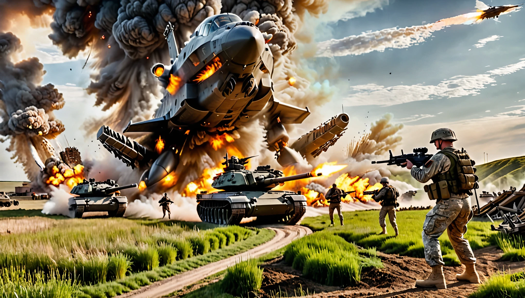 epic battle scene, north dakota backdrop, farm house, us soldiers with assault rifles attack in front of an alien main battle tank, explosions, gunfire, jet fighters launching missiles with a stream of white vapors with flames, sunset, danger atmosphere 