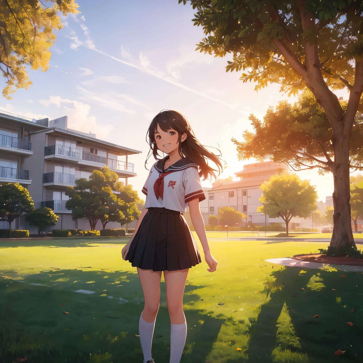 "Campus screen,s girl,Campus scenery at sunset,Smiling faces,White walls and red tile buildings,Green grass,The shadows of the trees are shining,youthfulenergy,Scenes of campus life。"