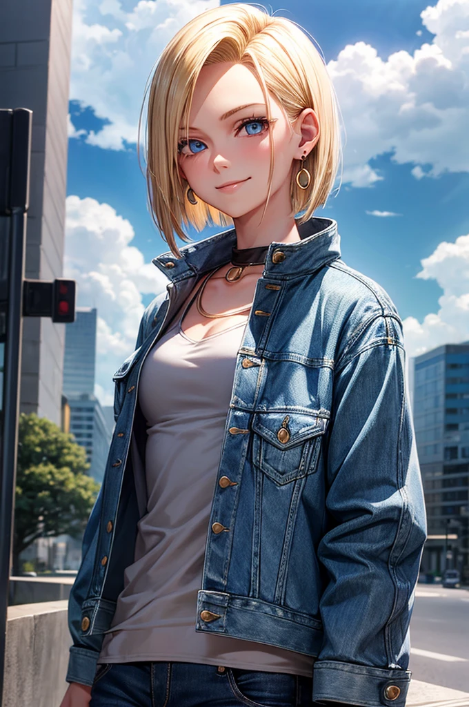 1 girl, alone, android 18, blonde hair, blue eyes, short hair, jewelry, earrings, smile, Jacket, looking to the side, denim, denim Jacket, Upper body, lingerie, closed mouth, cloud, null, Day, look away, blue null, 1 collarb,