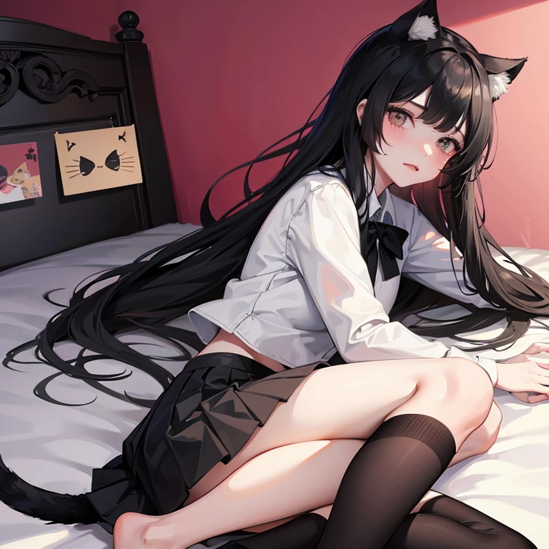 1 girl,jk,pleated skirt,long black hair,Cat ear,youth,bedroom background,lying on bed,Chu Chu pitiful expression