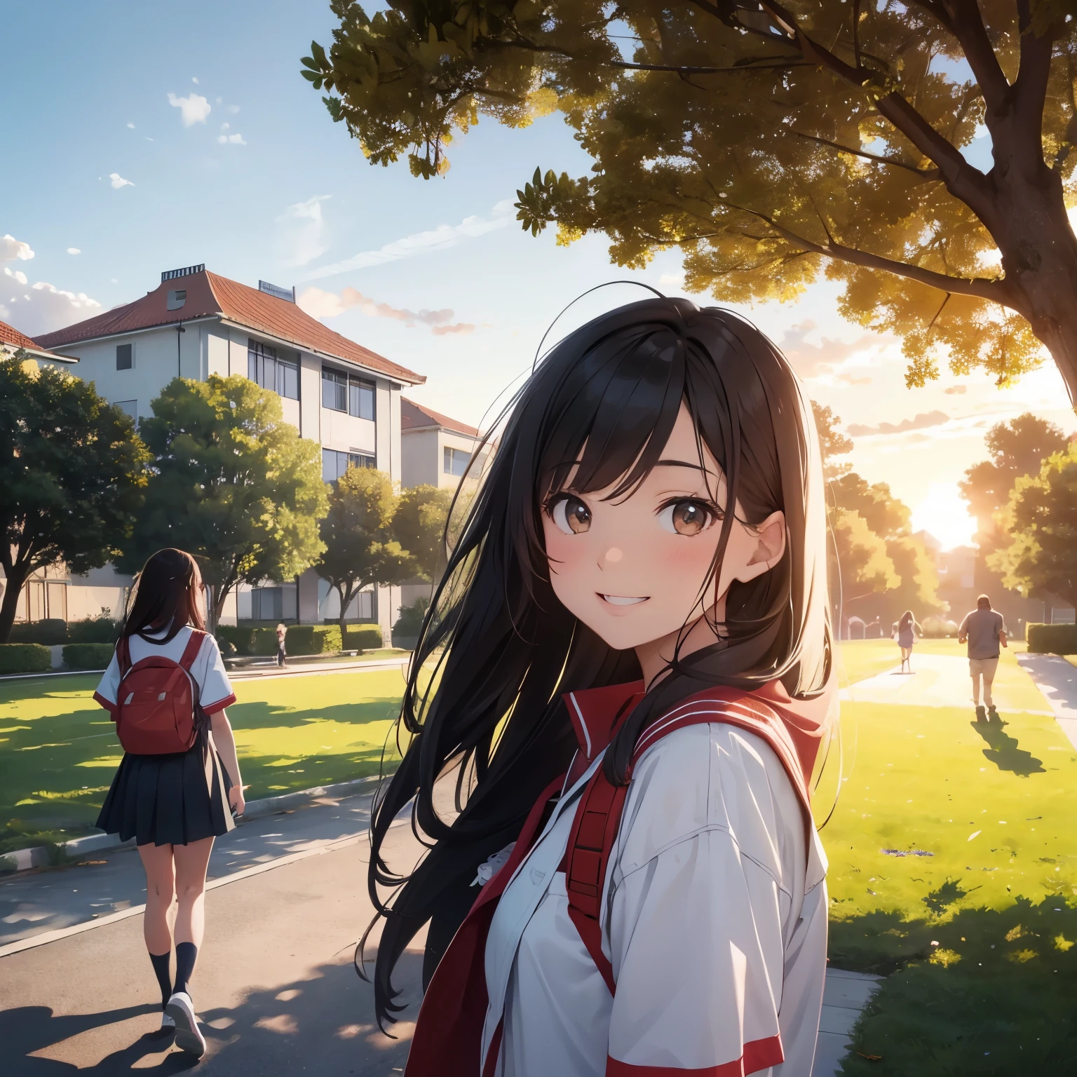 "Campus screen,teens girl,Campus scenery at sunset,Smiling faces,White walls and red tile buildings,Green grass,The shadows of the trees are shining,youthfulenergy,Scenes of campus life。"