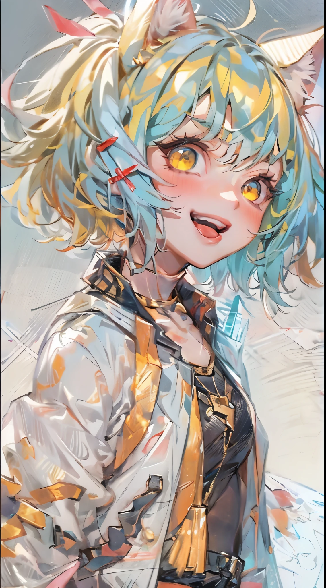 1 girl, pastelcolor, yellow hair strokes, Cyan eyes, short detailed hair, Small cat ears, Cyberpunk clothes, There are a lot of hairpins in the hair, Shoulders open, Hands open, Slimming the waist, A happy smile with a long tongue sticking out, Long tongue, whole-length, legsupms, Reference, Anime reference, Reference roles from different angles, white backgrounid