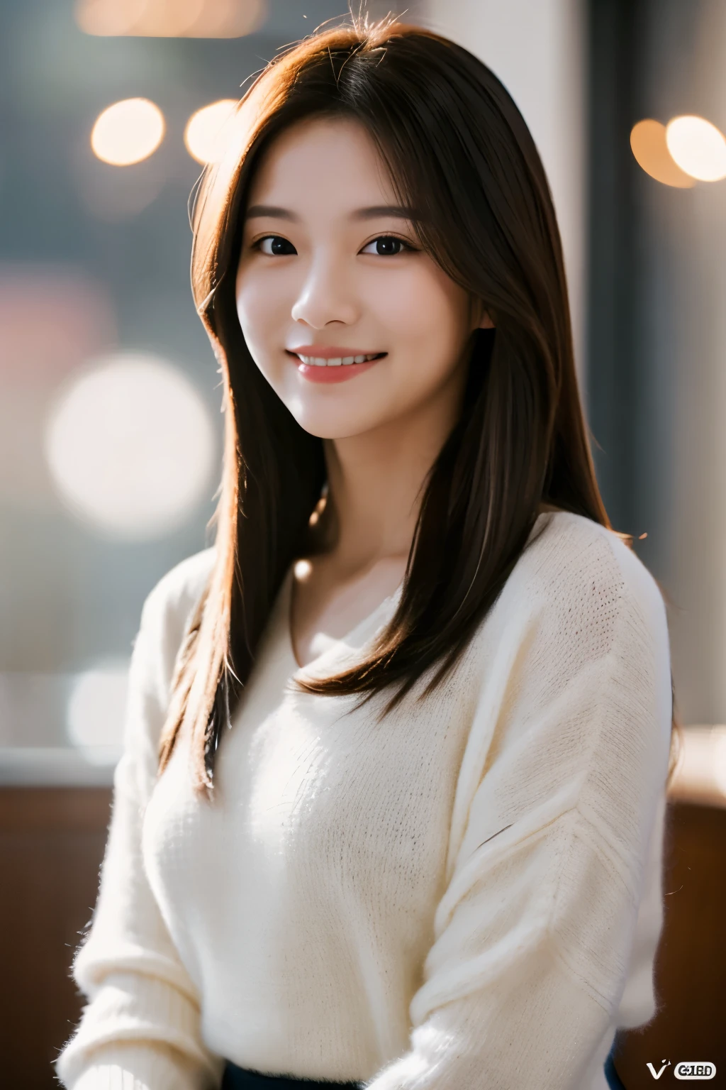 - High resolution, beautiful Asian woman, long wavy black hair, wearing white V-neck sweater, elegant and sexy, half smile, cinematic lighting, blurred background for focus emphasis
