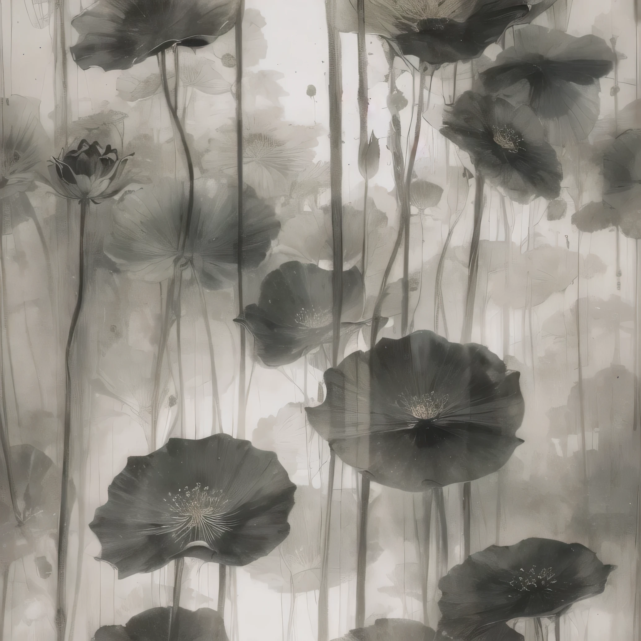 Chinese traditional ink painting,black lotus,lotus leaf,glass texture、translucent,Spectral light, Translucent glass melt, Caustics, Transparent glass