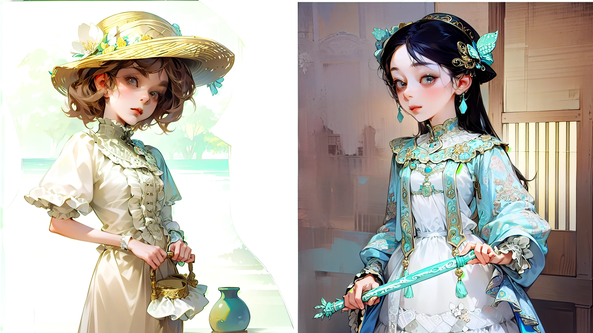 There are two photos of women wearing skirts and hats,,Very detailed, Rococo style, wlop loish and clip style, two different roles,Looking directly at the camera,