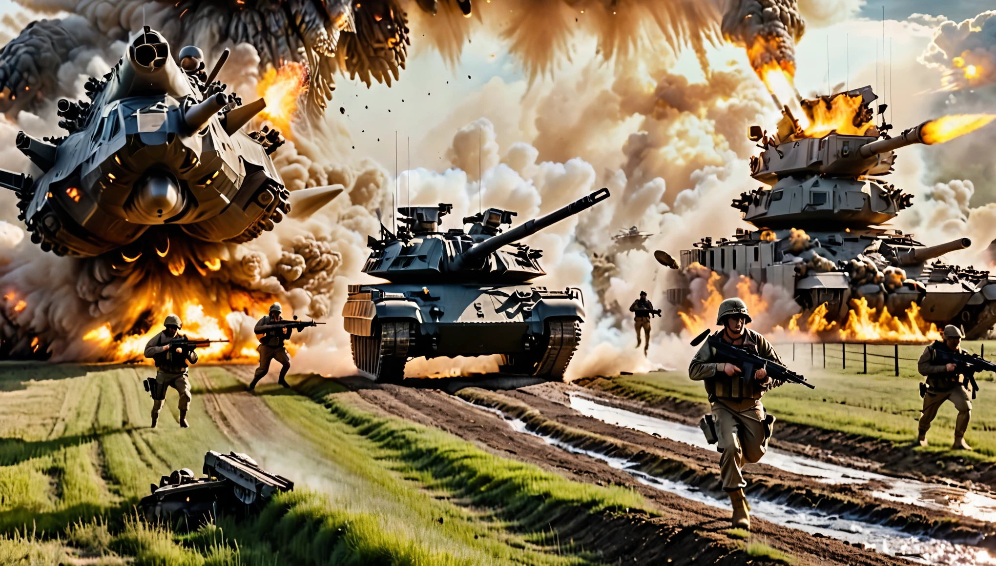 epic battle scene, north dakota backdrop, farm house, us soldiers with assault rifles attack in front of an alien main battle tank, explosions, gunfire, jet fighters launching missiles with a stream of white vapors with flames, sunset, danger atmosphere 