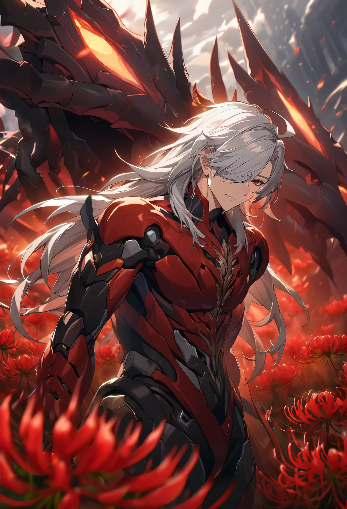 ((solo)), (man), tired face, dark red eyes, silver hair, very long hair, straight hair, messy hair, (mature), (adult), a close up of a person with a great sword in a desolate land surrounded by demons and monsters, in a field of red spider lilies, detailed key anime art, casimir art, masamune shiro, masamune, handsome guy in demon slayer art, heise jinyao, shadowverse style, (no logos), red spider lily field, flame magic, red spider lily flower field, futuristic robotic suit, eye reflection, expressive hair, hair over one eye, shiny hair, ahoge, bangs, depth of field, cinematic lighting, ray tracing, depth of field, cinematic lighting, ray tracing, UHD, high details, best quality, highres, high quality, award winning, super detail, masterpiece, 8k, UHD, high details, best quality, highres, high quality, award winning, super detail, masterpiece, 8k