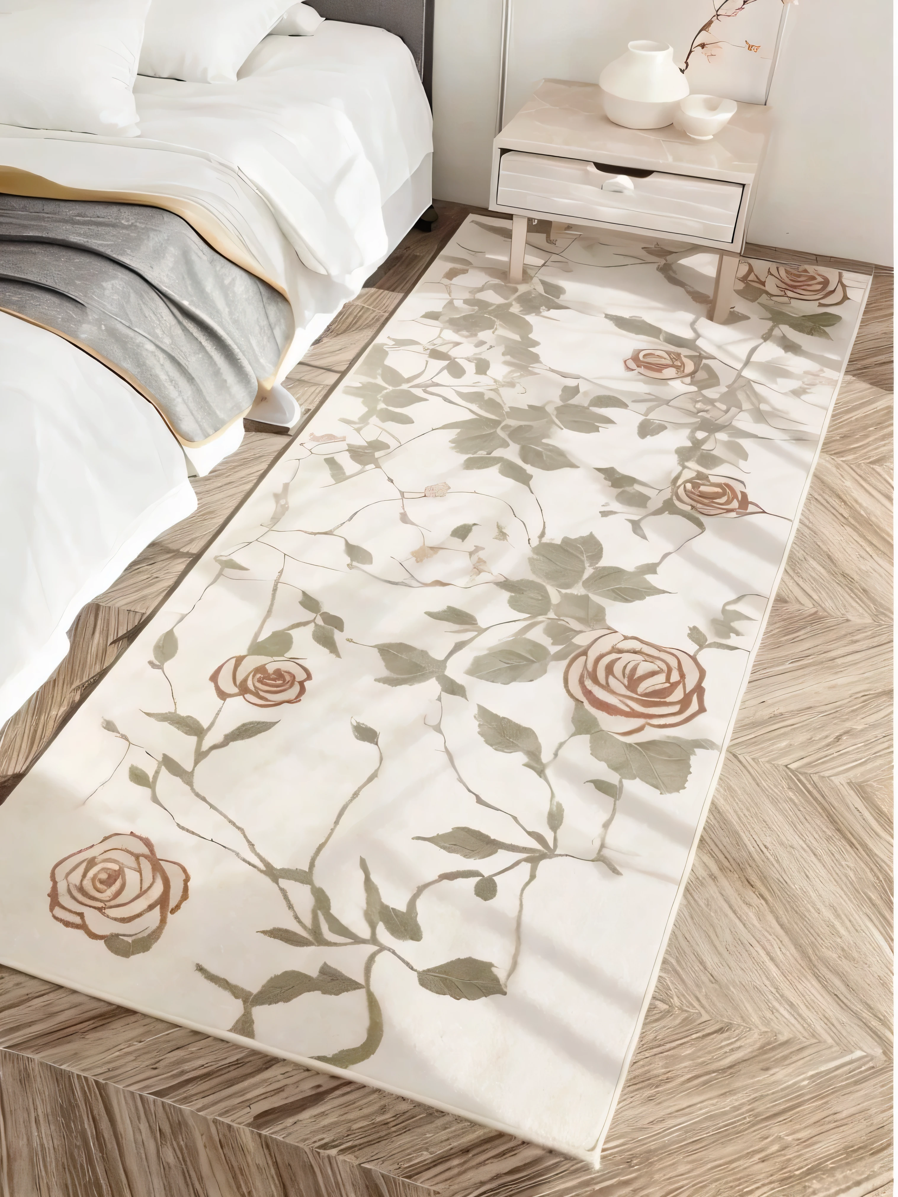 There is a rose patterned carpet on the floor, Engraved Marble Textured Silk Cloth, carpet, white flowers on the floor, carpet at the floor, ( Ivory black ), grace, flower bed on the floor, ( Surreal ), light brown, Retro - in 1 0 2 4, 2 meters, graceful, translucent rose gorgeous