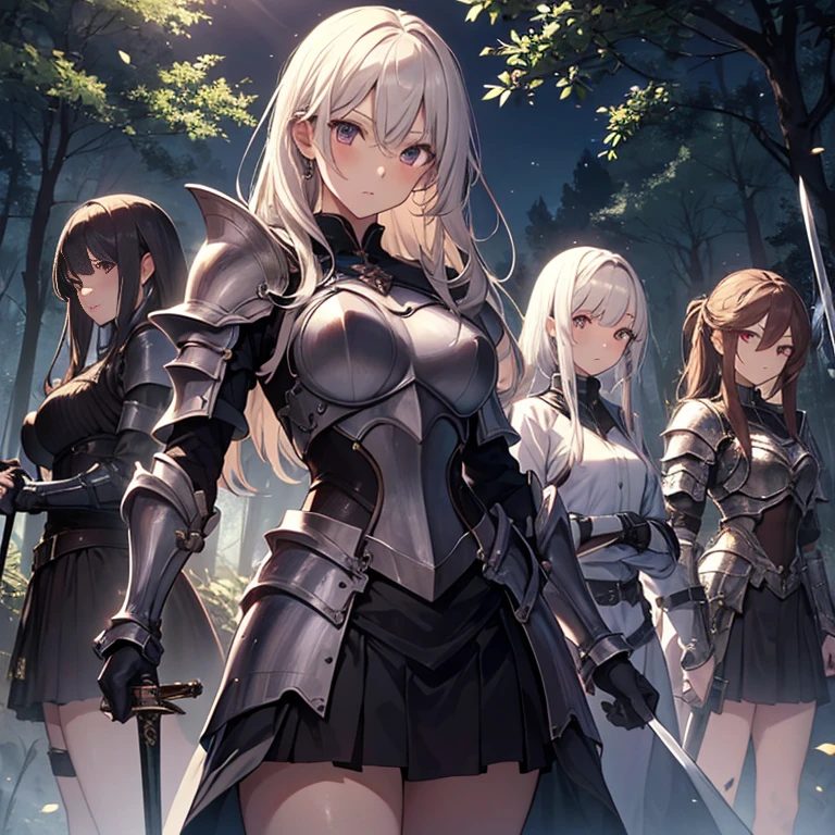 A group of  female knight, (in forest), various hair styles, harem, wearing armored clothes, metal armor, night, details face, , short skirt, seducing, sword, dark skin 