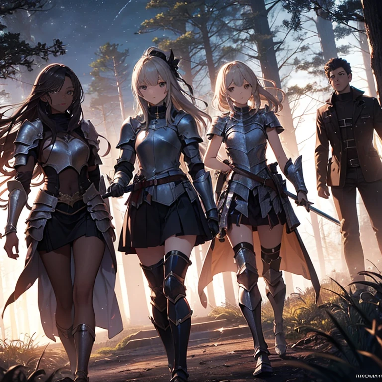 A group of female knight, (in forest), various hair styles, harem, wearing armored clothes, metal armor, night, details face, , short skirt, seducing, sword, dark skin