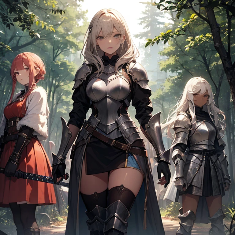 A group of female knight, (in forest), various hair styles, harem, wearing armored clothes, metal armor, night, details face, , short skirt, seducing, sword, dark skin