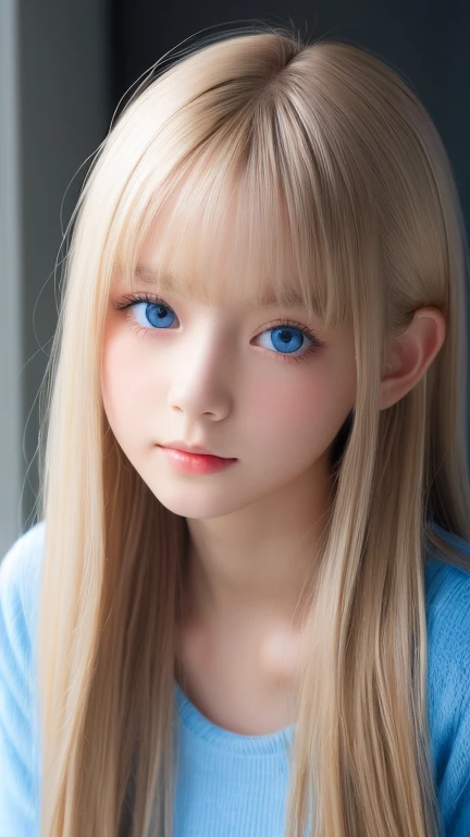 White shiny skin、Mysterious platinum blonde hair color that changes with light、Long bangs obstruct the view、Glossy highlight on cheeks、Very beautiful face、Sexy and very beautiful lovely cute gorgeous face、The most beautiful girl in the world、Super long gorgeous bright blonde hair、smooth straight blonde hair、 Very large, sparkling light blue eyes、very big eyes、beautiful bangs、16 year old beautiful cute girl、small face beauty、cheek gloss highlight、