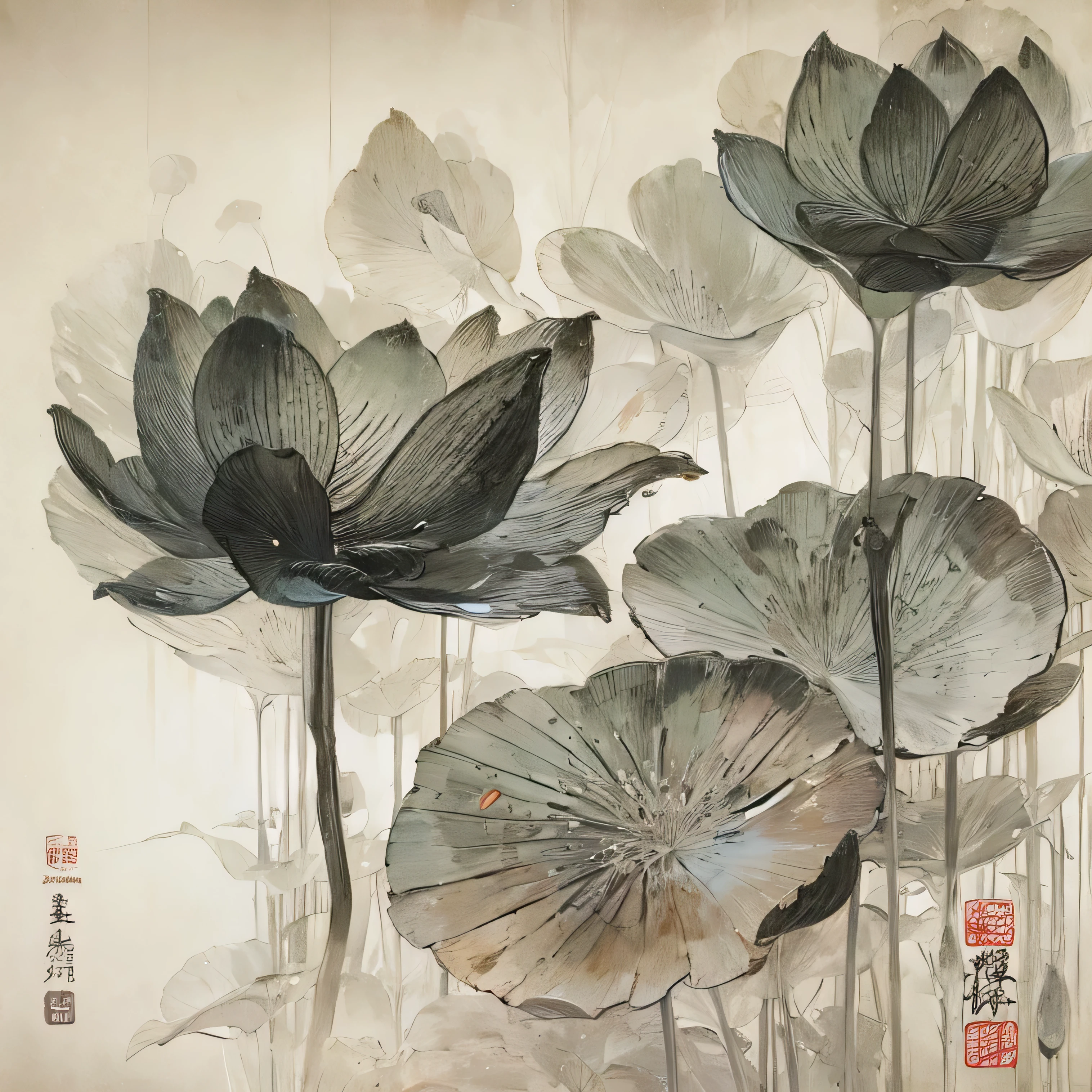 Chinese traditional ink painting，black lotus，lotus leaf，glass texture、translucent，Spectral light， Translucent glass melt, Caustics, Transparent glass