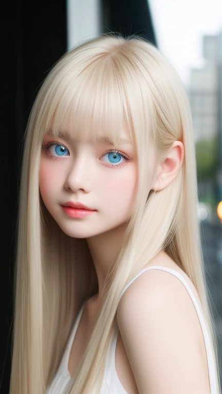 White shiny skin、Mysterious platinum blonde hair color that changes with light、Long bangs obstruct the view、Glossy highlight on cheeks、Very beautiful face、Sexy and very beautiful lovely cute gorgeous face、The most beautiful girl in the world、Super long gorgeous bright blonde hair、smooth straight blonde hair、 Very large, sparkling light blue eyes、very big eyes、beautiful bangs、16 year old beautiful cute girl、small face beauty、cheek gloss highlight、