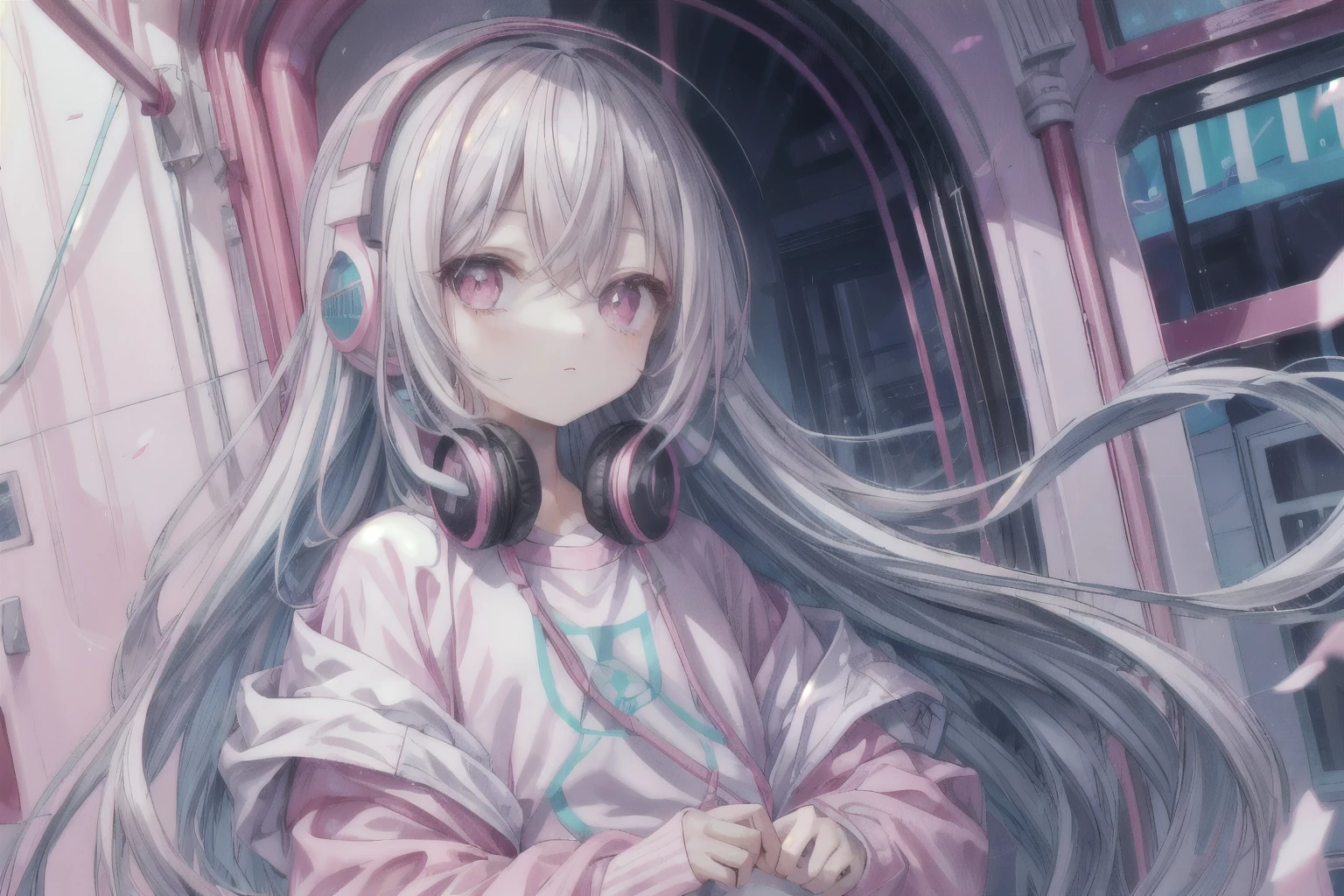 light blue long hair,Pink and white sweatshirt,pink eyes,black headphones,