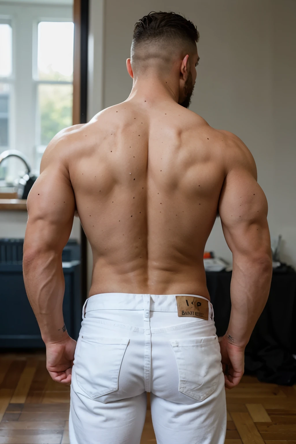 muscular manly man bald with beard, 45 years old, full body, with his back turned, naked blue white jeans.