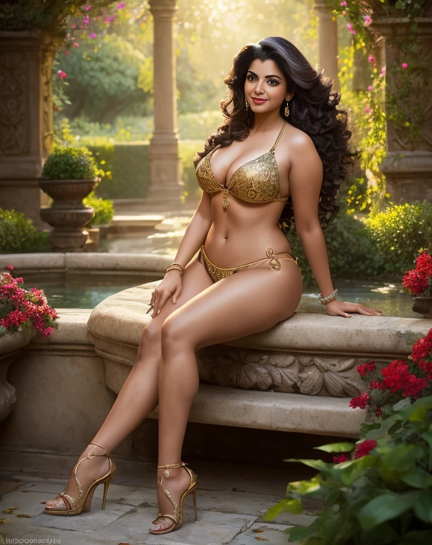 (masterpiece portrait photography:1.4) of a alluring sexy curvy tall supermodel Kavita Kulkarni, posing in a garden , wearing beautiful, wearing ornate bikini, ornate venetian garden, heels, arms over head, armpits, (big flowing backlit hair), vivacious, lustful glance, exhilarated (captivating kohl lined eyes:1.1) , (seductive smile:1.3) soft dramatic lighting, falling leaves and flowers bokeh, key lighting backlit, light rays, highly detailed, trending on artstation, paint splashes, rich colour, wind all around, abstract portrait, by Ron hicks, proper eyes, proper face