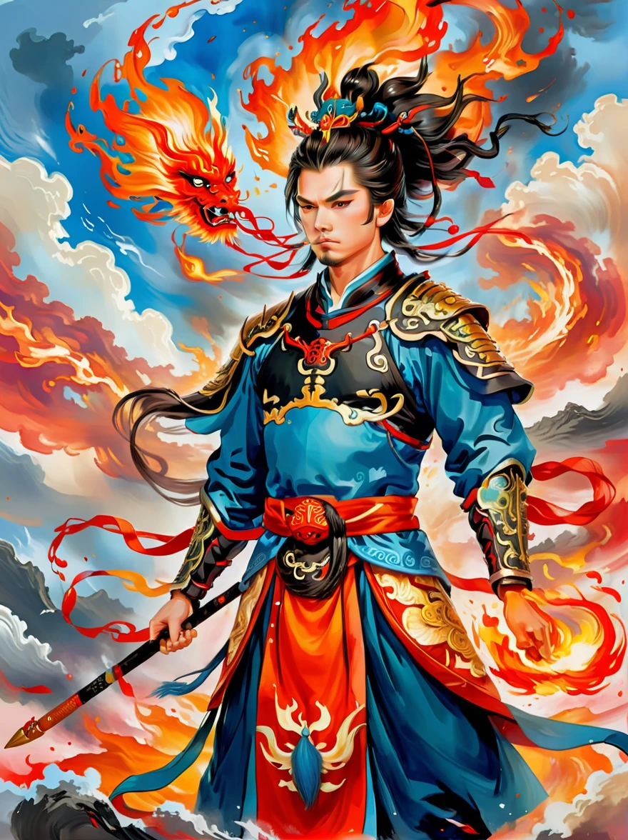 1 boy,Blood stained all over his face,anger,holding a spear,(fly),Chinese mythology,cloudy day,Meticulous skies,Abstract background,(Flame Surge Style:0.5),demonic third eye,hair scrunchie,with ponytail,wearing armor,Strong body,tall and big,Spear in hand,The body is suspended in the airst-person view, masterpiece, ccurate, anatomically correct, high details, best quality, 8k)