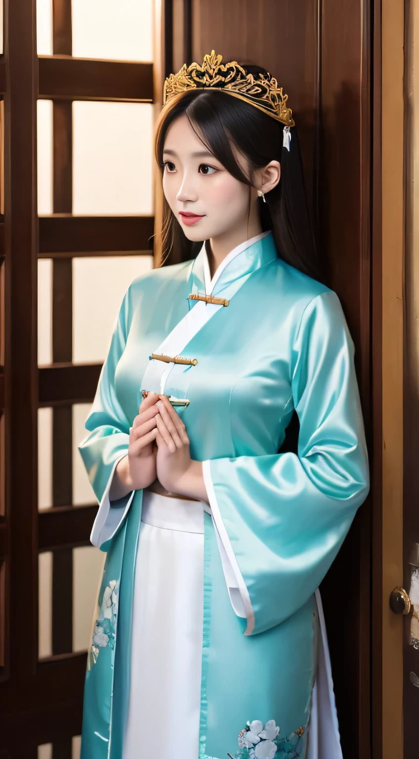 Bowing with both hands,Pray sincerely,Asian woman in Arad wearing traditional clothes standing with folded hands at the door of traditional Chinese ancient building , A girl in hanfu, wearing chinese clothes, hanfu, asian dynasty princess, chinese princess, Chinese traditional clothing, Hanfu, Matching Chinese clothing, chinese princess, White hanfu, Chinese beauty, Chinese traditional, beautiful fantasy queen, Wearing gorgeous silk clothes,