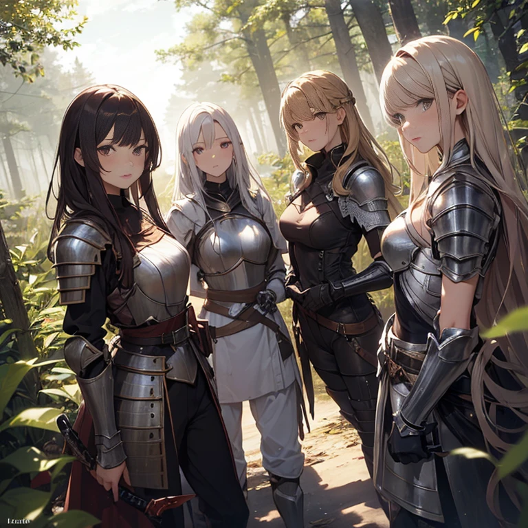 A group of  female knight, (in forest), various hair styles, harem, wearing armored clothes, metal armor, night, details face, , trousers, seducing, sword,