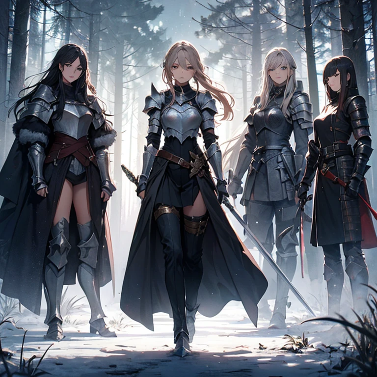 A group of  female knight, (in forest), various hair styles, harem, wearing armored clothes, metal armor, night, details face, , trousers, seducing, sword,