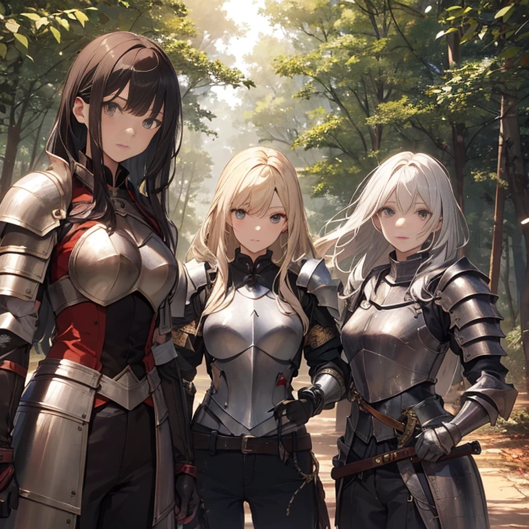 A group of  female knight, (in forest), various hair styles, harem, wearing armored clothes, metal armor, night, details face, , trousers, seducing, sword,