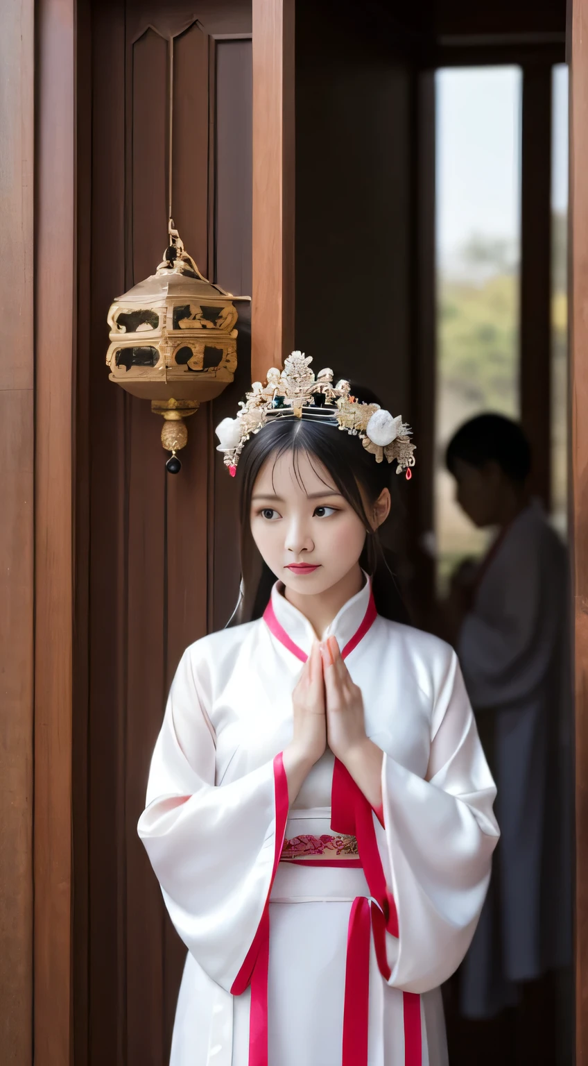 Bowing with both hands,Pray sincerely,Asian woman in Arad wearing traditional clothes standing with folded hands at the door of traditional Chinese ancient building , A girl in hanfu, wearing chinese clothes, hanfu, asian dynasty princess, chinese princess, Chinese traditional clothing, Hanfu, Matching Chinese clothing, chinese princess, White hanfu, Chinese beauty, Chinese traditional, beautiful fantasy queen, Wearing gorgeous silk clothes,