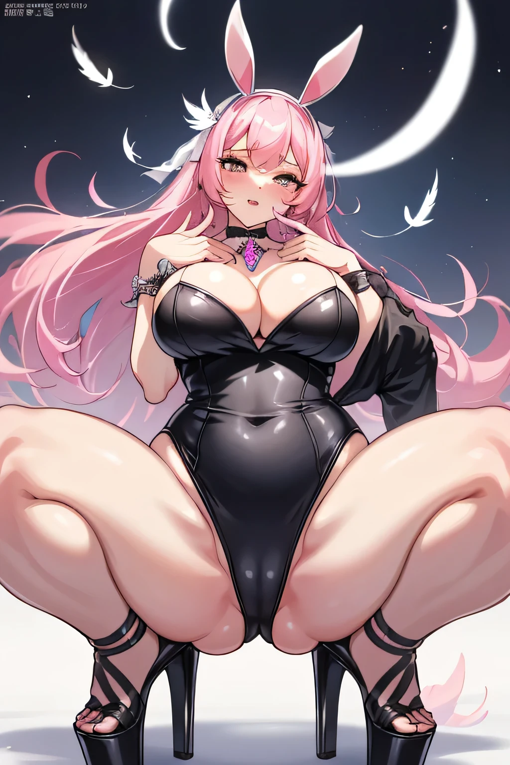 (highest quality:1.4)、High resolution、detailed background)、(detailed beautiful face:1.4)、(anatomically correct)、beautiful and smooth skin、skin texture、professional lighting、Beautiful girl in her 20s、(three beautiful girls:1.3)、(huge breasts:1.3)、cute hair color、Brightly colored inner color hair,cute hairstyle、realistic、perfect body line、thick thighs、Attractive big ass、cute gesture、cute、sexual expression、Emphasize feminine silhouetteake your body line look beautiful、Sexual buttocks、halloween party、
squat down、Close-up angle from below while squatting down、
(close-up underwear from below), from below, Are standing, butt focus、looking at me with cold eyes、sexual expression、underboob、panty shot、panty shot、sexy ass、
Sexy bunny suit in black or white、 Fitted design that accentuates the bust and waist、 Fishnet stockings in colors such as black and navy、Gives a sexy and mature impression、 Opt for stiletto or platform heelake your legs look beautiful、 The pink and white feather bolero is adorable.、Black and pink bunny ears headband、 Pair it with sexy and gorgeous accessories such as chokers and bracelets.、cute