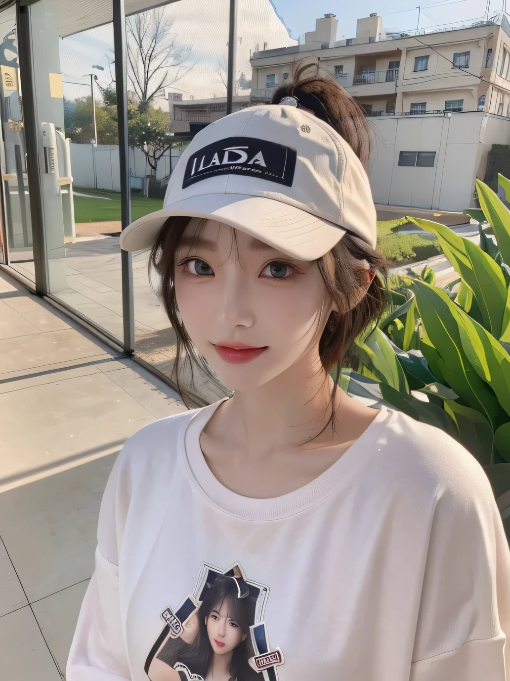 Best image quality、original photo、ultra high resolution、21 years old Korean、small breasts、dynamic angle、Cowboy shooting、The most beautiful form of chaos、elegant、Innovative design、bright colors、,light brown short hair、disheveled hair、light brown eyes 、black baseball cap(Facial expressionSmile)、short bob、Smile、Fair and shiny skin、beautiful eyes,random colors、The details are very beautiful、thin lips、Delicate beautiful eyes、elongated eyes、pale pink cheeks、long eyelashes、beautiful double eyelids、eye shadow、he、White Large T-shirt Sweatshirt、baggy pants、Shot from the side、sexy pose、enlarge