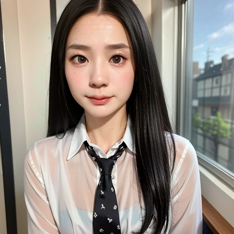 (kawaii 24 year-old Japanese girl, Nogizaka idol, Korean idol), (glossy black hair, seductive hair style:1.3), (extra rounded face, single eyelid, no makeup, soft smiling:1.2), (wearing Japanese school uniforms, collared shirt, necktie:1.3), (well shaped extra small breasts), (looking at viewer:1.2), BREAK, (classroom background, standing by the window:1.3), (dynamic angle, face focus:1.3), BREAK, (masterpiece, best quality, photo realistic, official art:1.4), (UHD, 8K quality wallpaper, high resolution, raw photo, film grain:1.2), (shiny skin), professional lighting, physically based rendering, award winning, (perfect anatomy, highly detailed skin textures, extremely detailed face and eyes, well drawn glittering pupils), Carl Zeiss 85 mm F/1.4, depth of field, 1girl, solo,