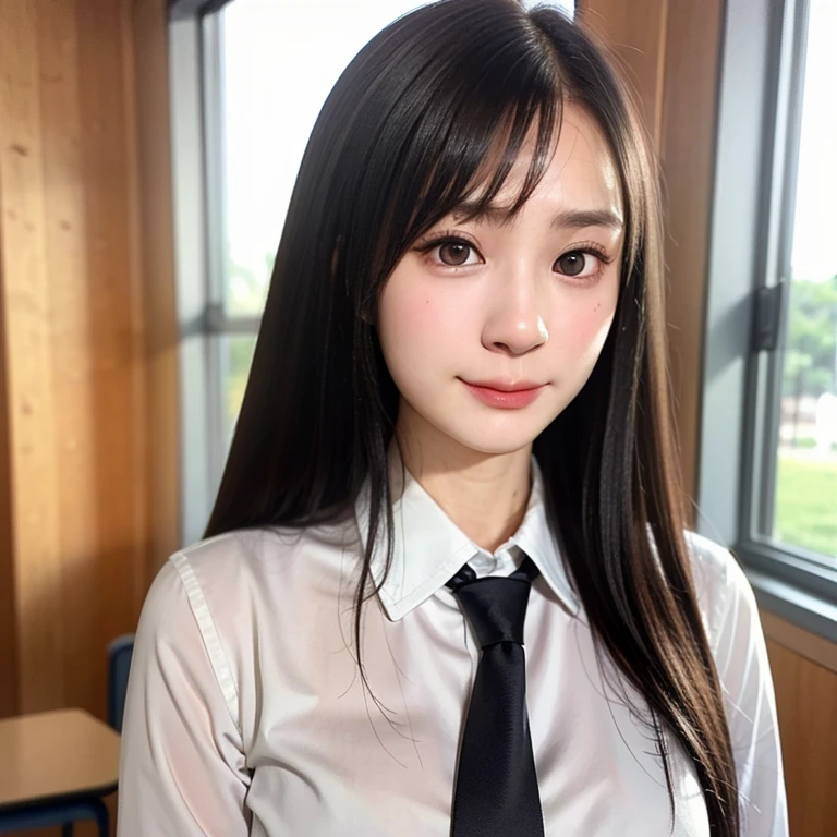 (kawaii 24 year-old Japanese girl, Nogizaka idol, Korean idol), (glossy black hair, seductive hair style:1.3), (extra rounded face, single eyelid, no makeup, soft smiling:1.2), (wearing Japanese school uniforms, collared shirt, necktie:1.3), (well shaped extra small breasts), (looking at viewer:1.2), BREAK, (classroom background, standing by the window:1.3), (dynamic angle, face focus:1.3), BREAK, (masterpiece, best quality, photo realistic, official art:1.4), (UHD, 8K quality wallpaper, high resolution, raw photo, film grain:1.2), (shiny skin), professional lighting, physically based rendering, award winning, (perfect anatomy, highly detailed skin textures, extremely detailed face and eyes, well drawn glittering pupils), Carl Zeiss 85 mm F/1.4, depth of field, 1girl, solo,