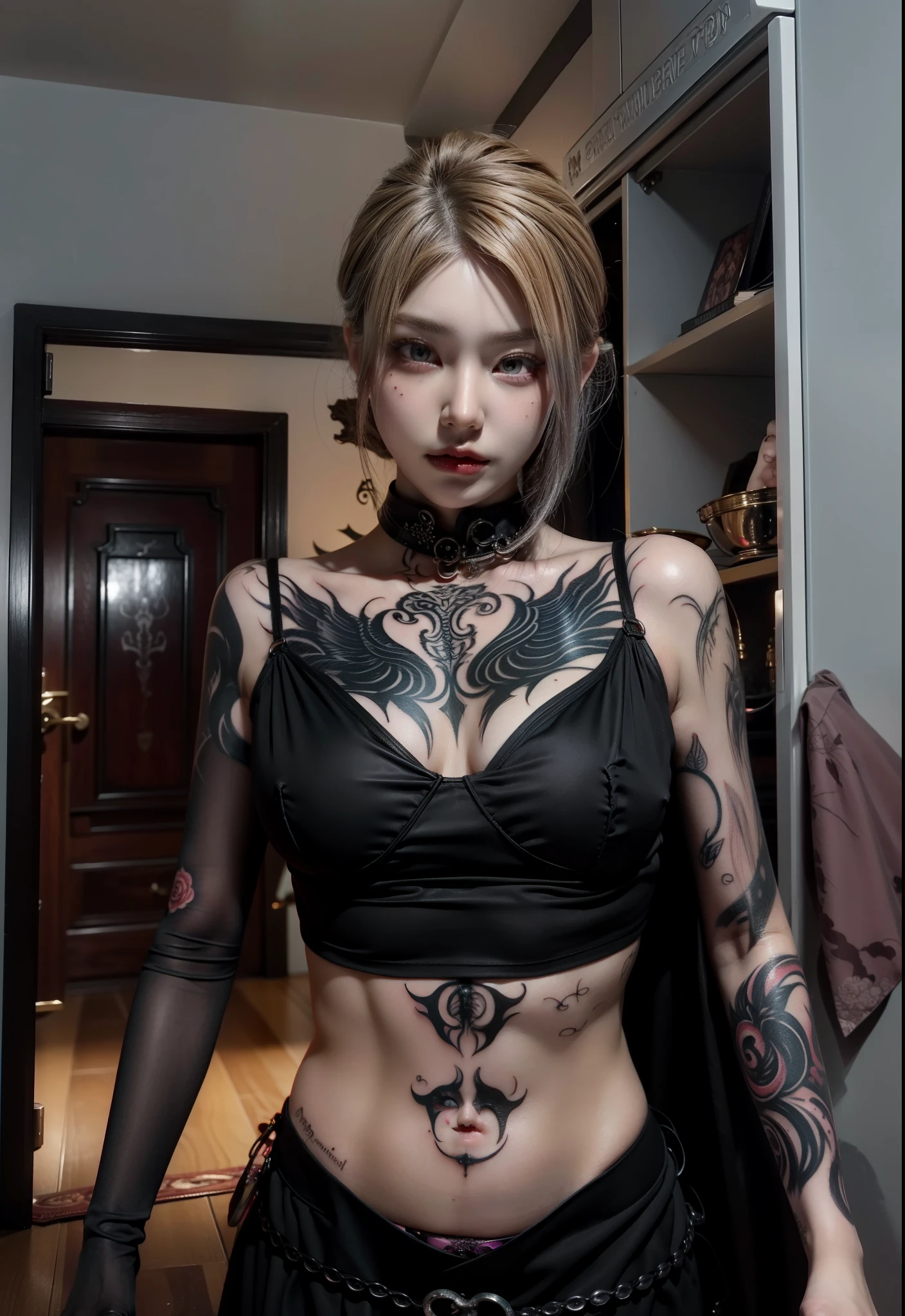 Detailed image quality，pandora witch，wing, succubus theme，堕落Angel，Excellent，scary，secret horror，tentacle，have eyes，uncanny valley effect，little beast blood moon，skeleton，vampire，Hellfire，dark queen，Angel，magician magic witch，black tattoo(whole body)，The tattoo is very three-dimensional，Gorgeous and intricate tattoo designs，tattoo queen，Umbilical nail