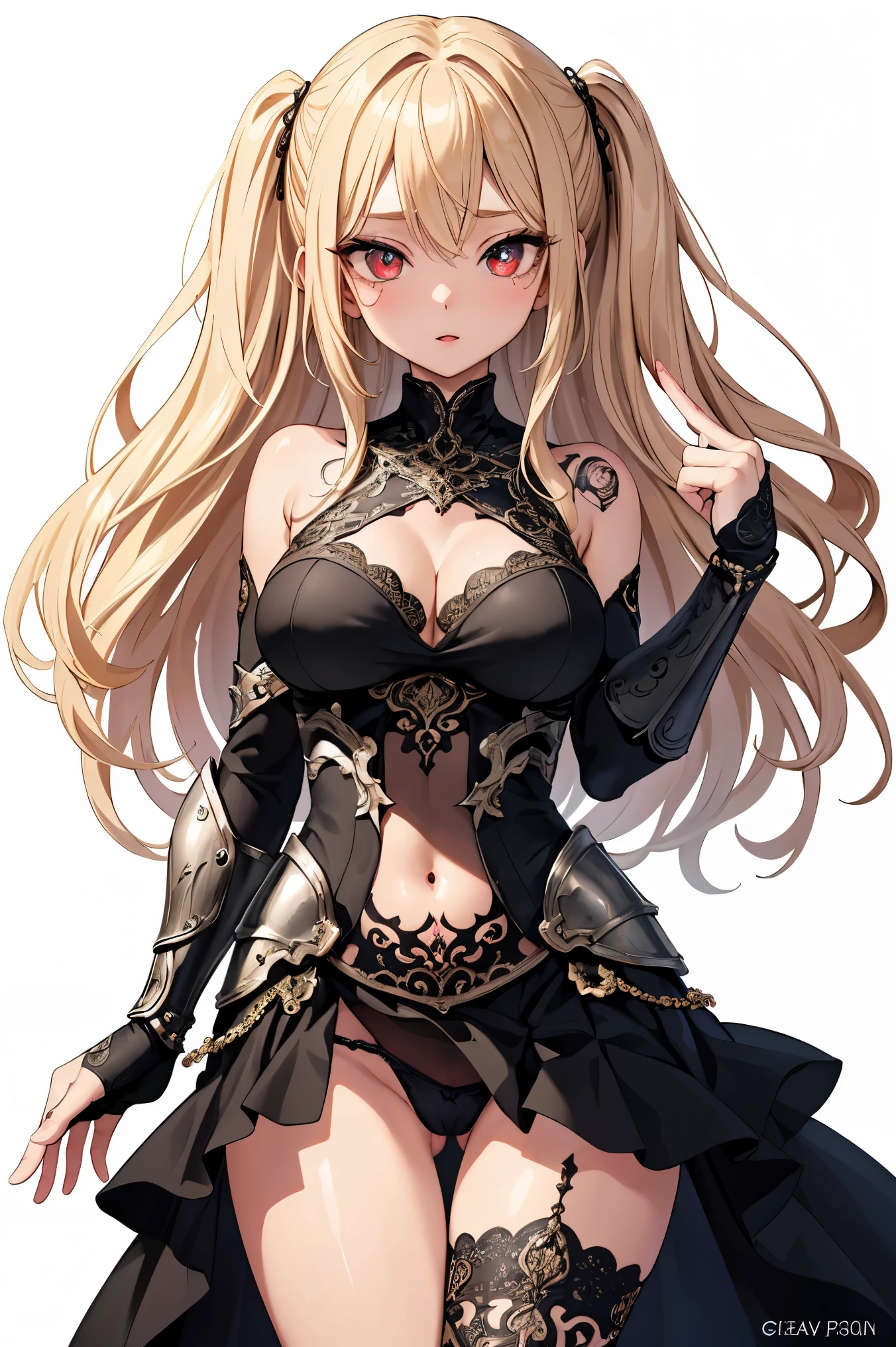 1girl, anime, cute girl, blank background, white background, fantasy, detailed fantasy dress with highlights, beautiful face, beautiful eyes, dark colors, black hair with multicolor streaks, red eye with different color pupil in eye, multicolor eye, medium small breasts (slightly big), slight cleavage, beautiful skin, cute, breast curtains, extremely delicate and beautiful, (beautiful detailed face:1.0), (detailed deep eyes), symmetrical breasts, deep eyes, shiny skin, portrait, slender waist, hips wider than shoulders, thighs, expressionless, young girl, luminous eyes, adorable，（Kpop idol）,（aegyo sal：1），（Platinum blonde hair：1），（（puffy eye）），Black panty，sexy posture，Superskirt, ultra high resolution，Black collar，slim figure, Abdominal y tattoo, womb tattoo，Tight-fitting leg ring，y tattoo on half-body，Bare skin, Armored hand，Hidden fingertips，Hand covered，Arm covered，Fist covered,{{beautiful detailed fingers}}, tufts of hair, moderate beautiful breast:1.0,(masterpiece:1.2), best quality, high-res, HDR, perfect face, intricate armor, delicate blue filigree, intricate filigree, red metalic parts, detailed part, dynamic pose, dynamic lights,