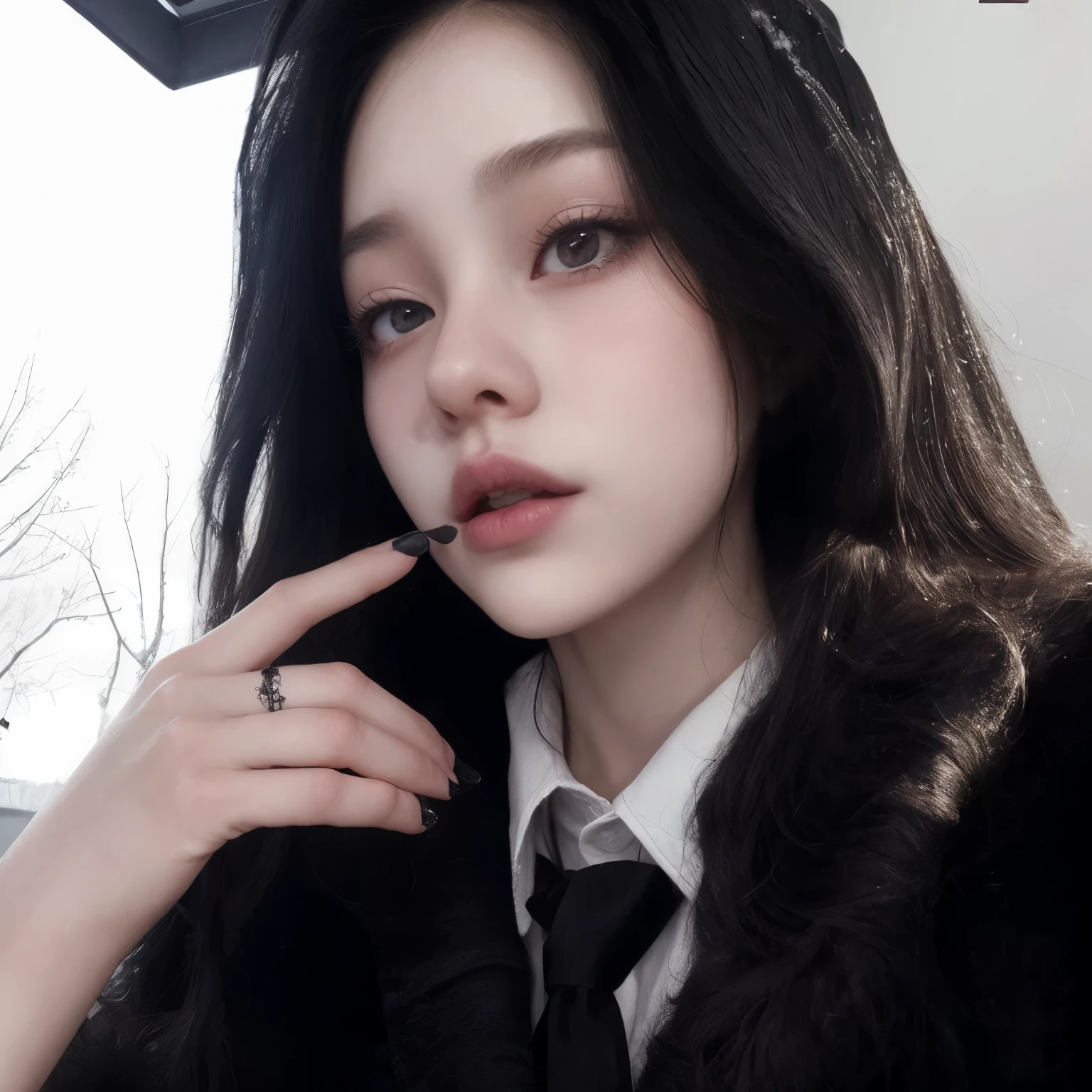 hay una mujer con corbata negra y abrigo negro, cruel korean gothic girl, ulzzang, jennie rosa negro, gothic girl aesthetic, pale gothic beauty, pale, snow-white skin, pale and light skin!!, con labios muy finos, muchacha coreana, 1 7 year old gothic girl, pale porcelain white skin, maquillaje popular de corea del sur