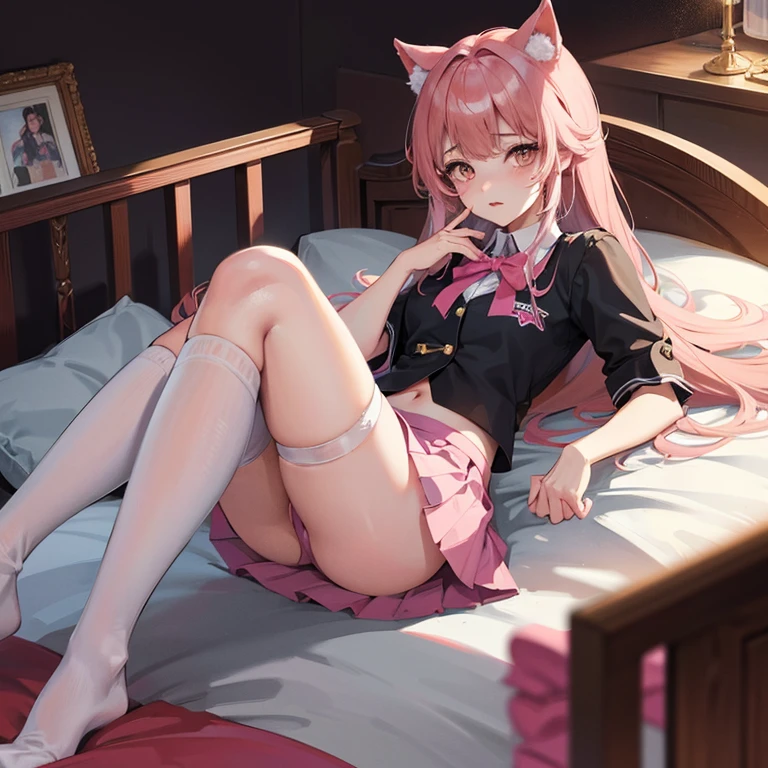 1 girl,jk,pleated skirt,1 leg ring,Knee socks,long pink hair,Cat ear,youth,bedroom background,lying on bed,Chu Chu pitiful expression,astringent