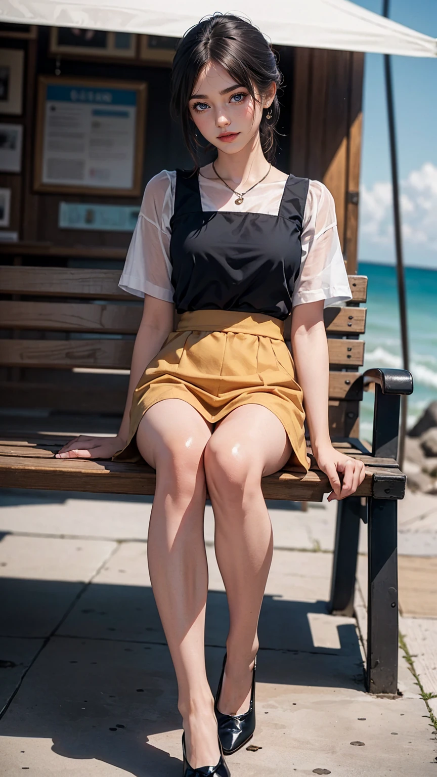 ((最high quality, 8K, masterpiece: 1.3, Ultra HD, high quality, 最high quality, High resolution, realism)) 、A beautiful 18-year-old white woman、髪colorはプラチナブロンド、color、blue eyeedium hair、straight hair、smile、Slender but well-proportioned muscular body、Athlete-like body type、I don't want my head to disappear from the screen.、Walk on a high seawall at the beach、I put my hand on my forehead and look at the sea、The blue sky is beautiful、There is an entrance cloud、It's summer、sailor suit((summer clothes))wear、紺colorのプリーチスカート履く、wear loafers、There is a bus stop that looks like a hut on the coastline road where you can see the ocean.、Sit on a bench at the bus stop、The sea breeze feels good