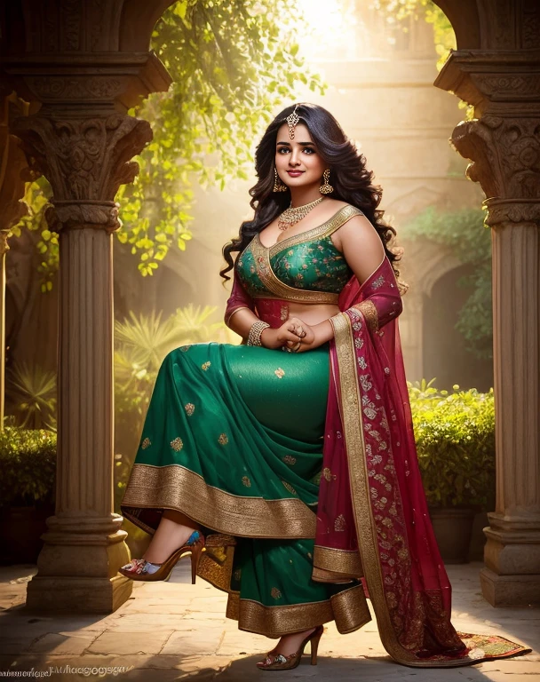 (masterpiece portrait photography:1.4) of a alluring sexy curvy tall supermodel Divya Bharti, posing in a garden , wearing beautiful, wearing ornate navvari sari, ornate venetian garden, heels, arms over head, armpits, (big flowing backlit hair), vivacious, lustful glance, exhilarated (captivating kohl lined eyes:1.1) , (seductive smile:1.3) soft dramatic lighting, falling leaves and flowers bokeh, key lighting backlit, light rays, highly detailed, trending on artstation, paint splashes, rich colour, wind all around, abstract portrait, by Ron hicks, proper eyes, proper face